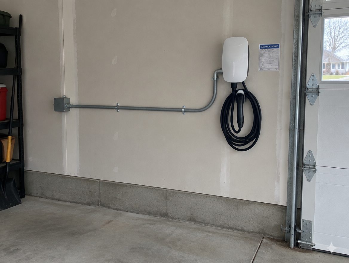 EMT conduit run to a wall mounted Level 2 charger in a garage